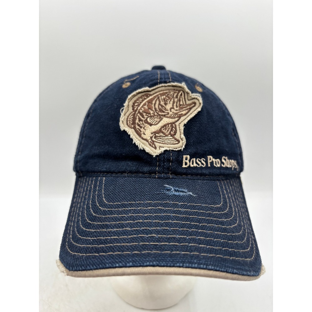 Bass Pro Shops Gone Fishing Hat Navy Blue Distressed Bass Patch Snapback Cap